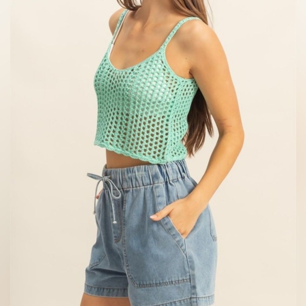 HYFVE Scoop Neck Cropped Crochet Mint Crop Tank Cami Top Sz Medium [6]